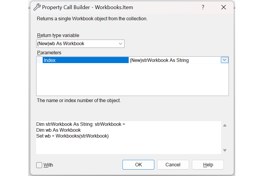 The Workbooks Item Procedure Call Builder