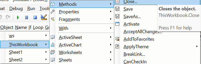 close ThisWorkbook using code vba menu