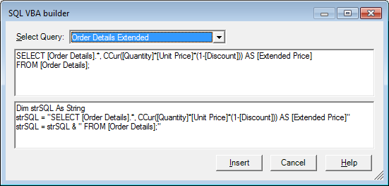 sql vba builder