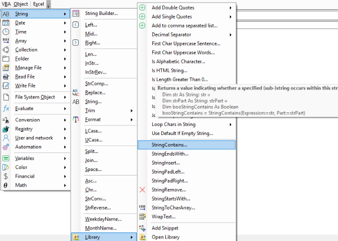 The VBA Strings Library menu shows all available String related snippets and procedures
