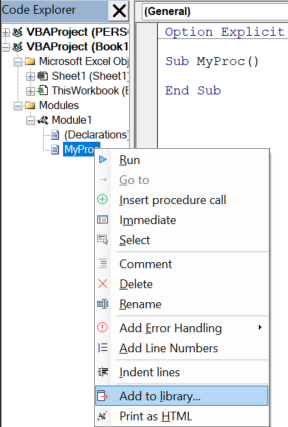 use the code explorer to add procedure to library