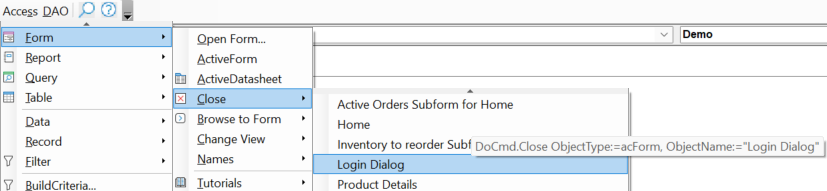ms access form close insert code