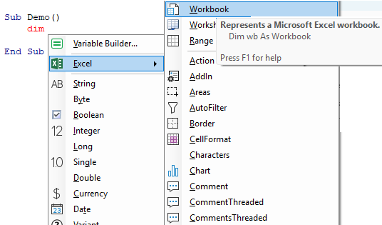 excel dim menu