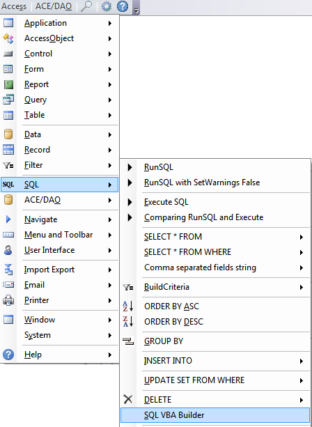 sql vba builder menu