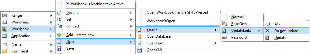 using code vba to insert the code for opening an excel file without updating links