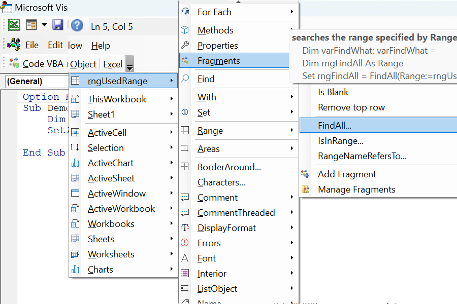 The Range FindAll code under Fragments