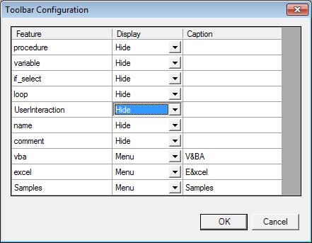 Toolbar Configuation dialog