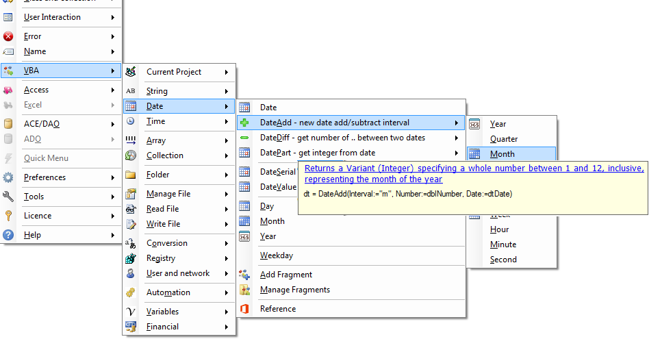 menu vba date datediff