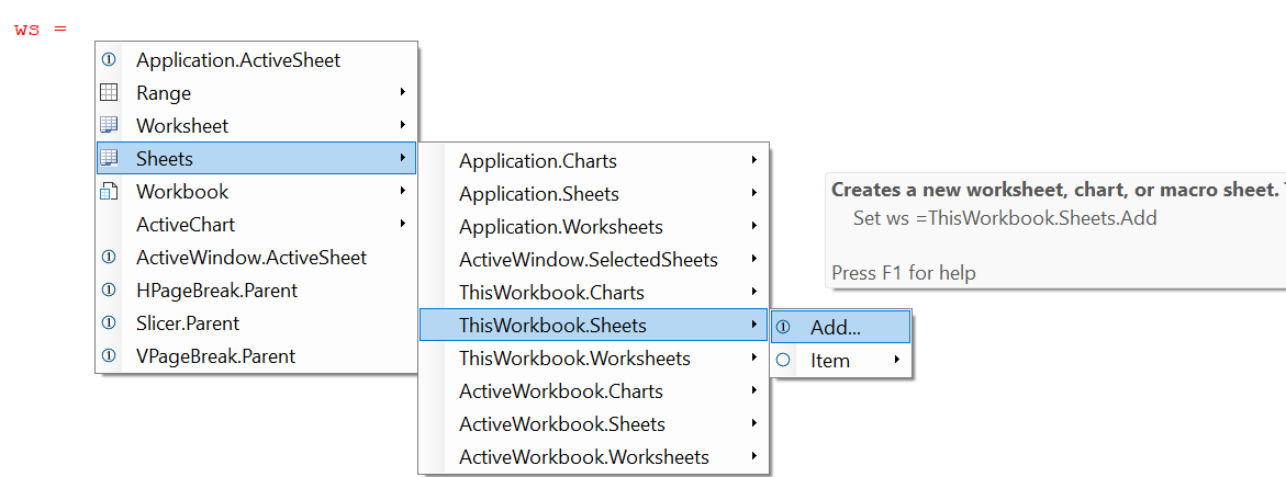 Set worksheet using intellisense