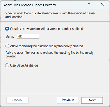 Decide what to do when a document with same name and location already exists. Add suffix, have optional replace or use save as dialog