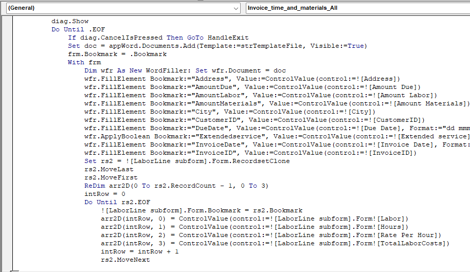 sample VBA code that fills a document created from the template. Note the use of Word bookmark names.  