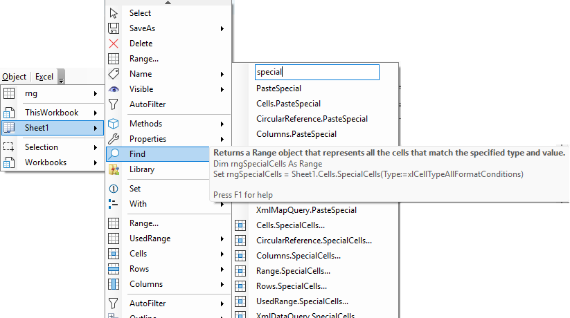 Focused Search for Excel Object Procedures