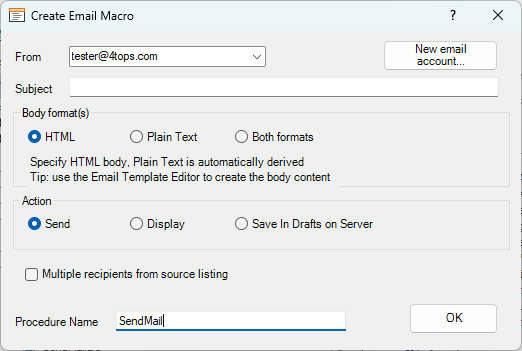 Create Email Macro dialog